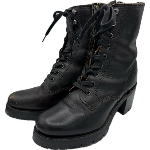 FRYE Black Leather Lace-Up Moto Boots Sabrina Sz 8 - Picture 3 of 12